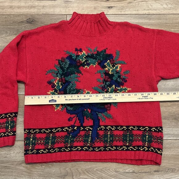 Robert Scott Turtleneck Sweater SZ Medium Red Christmas Wreath Hand Knit Vintage - Picture 6 of 10